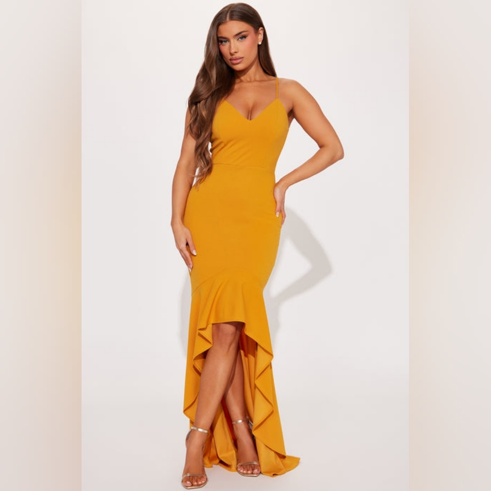 Fashion Nova "Delia High Low Gown" Mustard Yellow Ruffled Dress Small